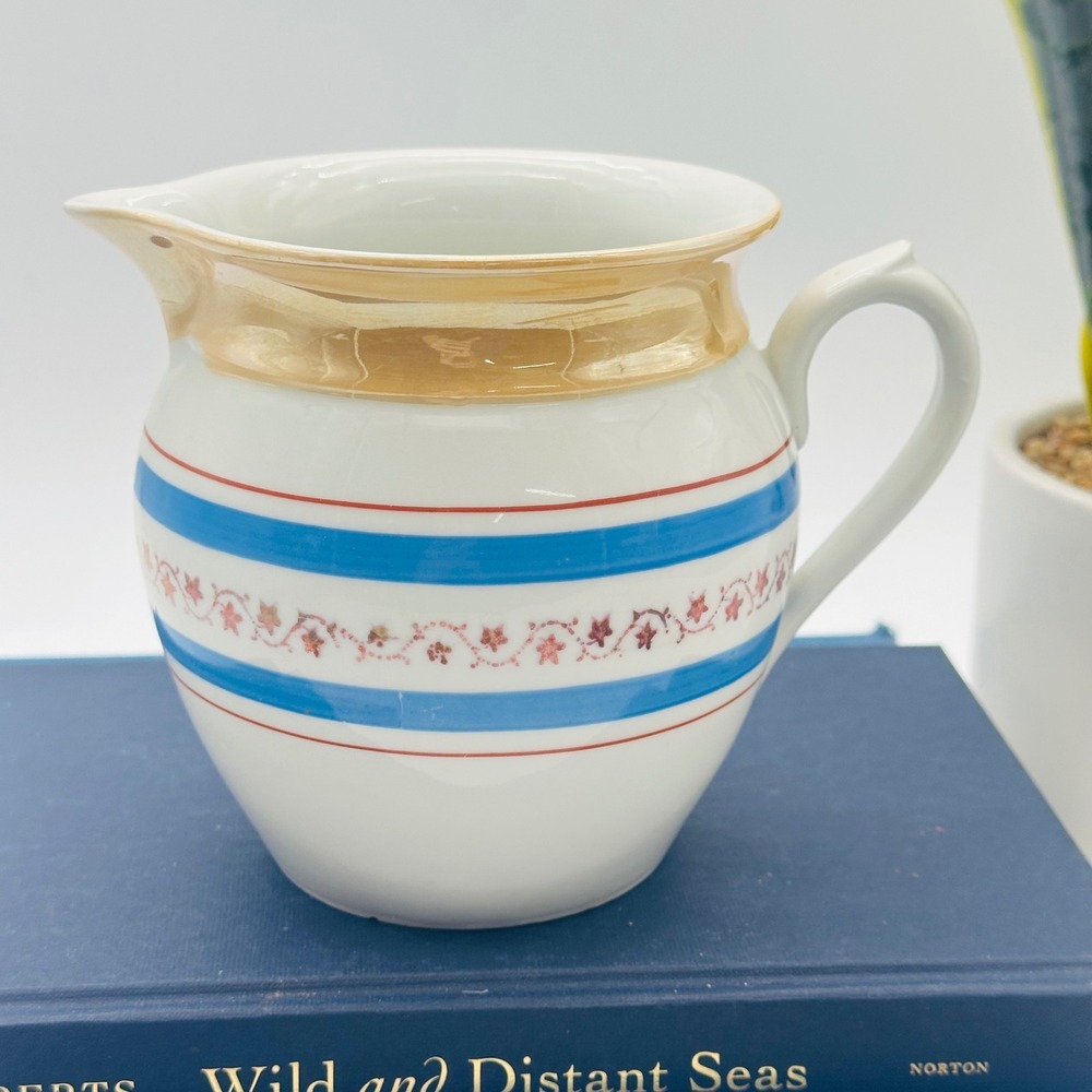 Made in Czechoslovakia Vintage Porcelain Creamer Blue Stripes Floral Luster Rim
